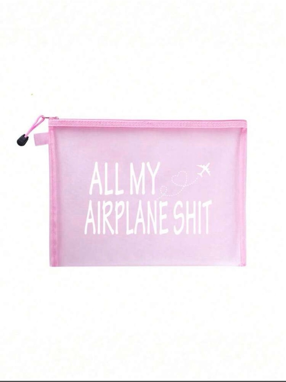Pink Mesh Travel Zipper Pouch with Airplane Graphic